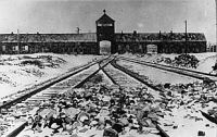 Einfahrtsgebäude ins KZ Auschwitz-Birkenau kurz nach der Befreiung 1945 (Bundesarchiv, B 285 Bild-04413 / Stanislaw Mucha / CC-BY-SA)
